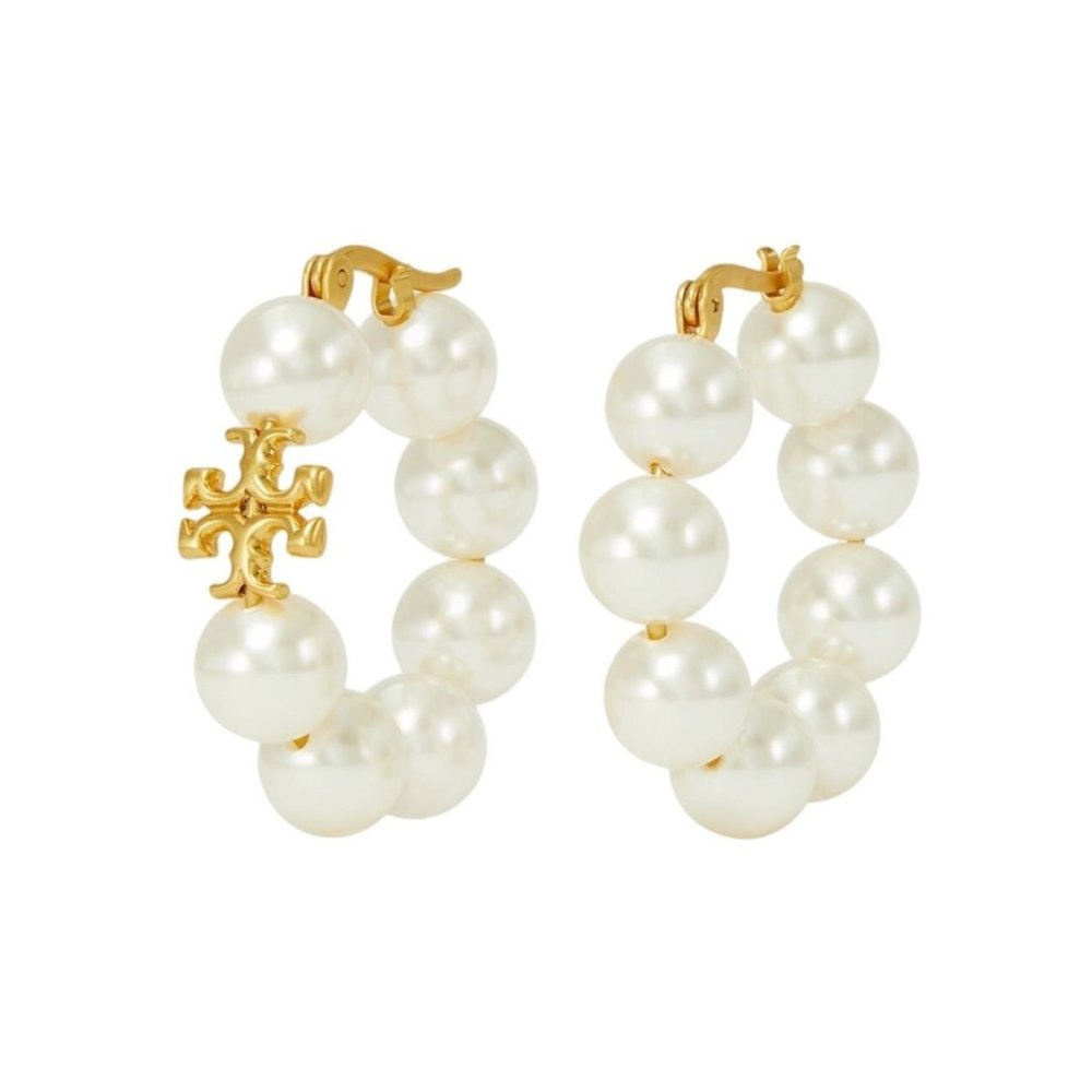 Tory Burch Gold Pearl Hoop Earrings